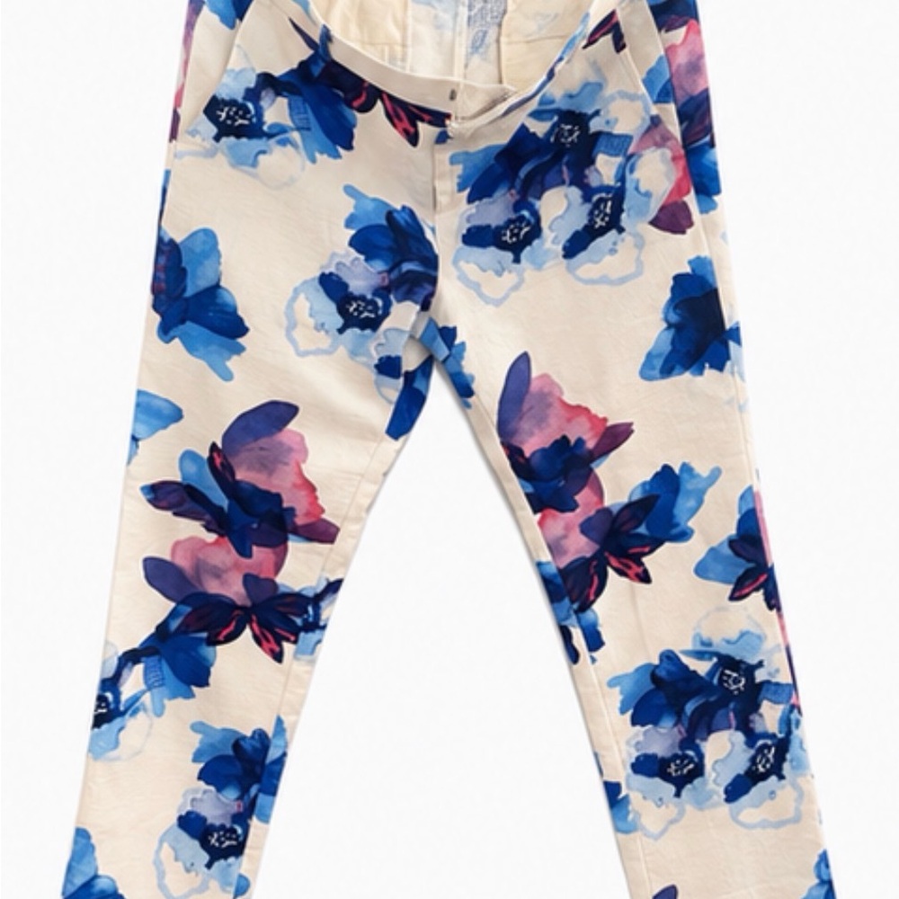 Banana Republic Floral Cropped Pants - Blue, Pink on Cream